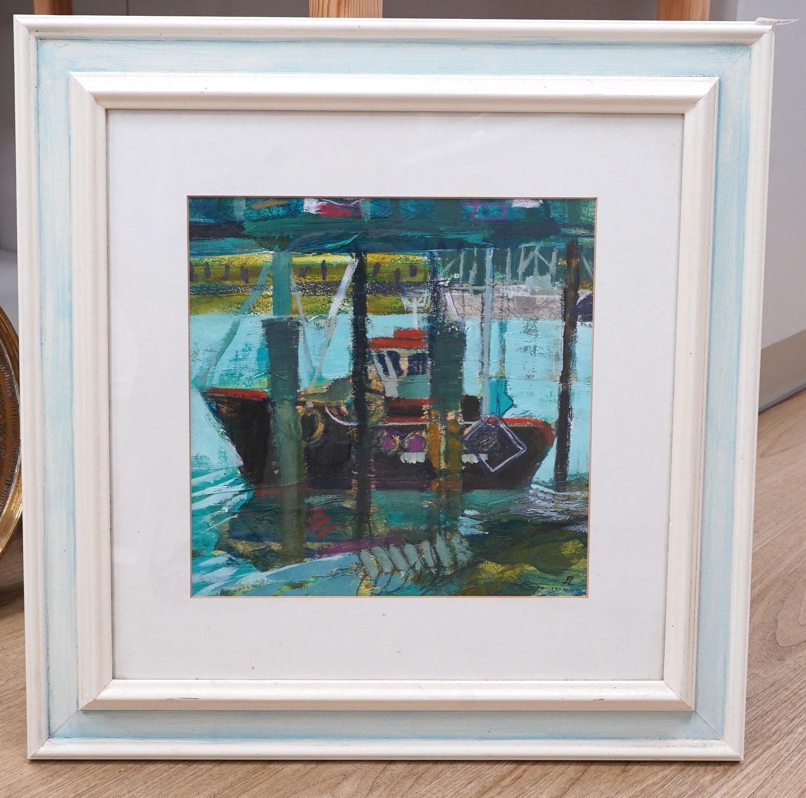 Lis Lawrence (contemporary), oil, pastel and mixed media, 'Newhaven boat', signed with monogram, 30 x 30cm. Condition - good